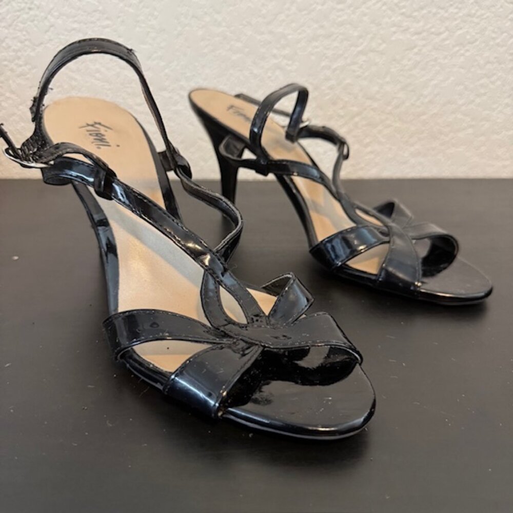 Fioni Strappy Sandals Women 8.5 Black Patent Stiletto Heel Buckle Ankle Strap